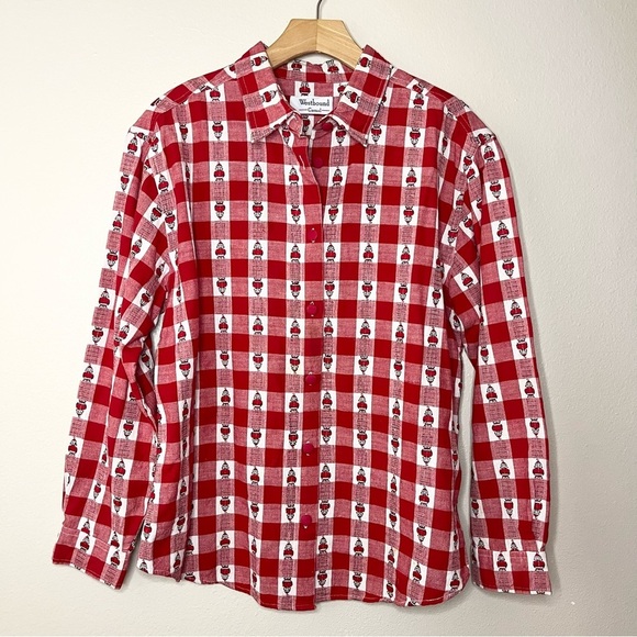 Vintage 90s Plaid Gingham Santa Long Sleeve Shirt Red White Westbound Size M - Picture 1 of 10